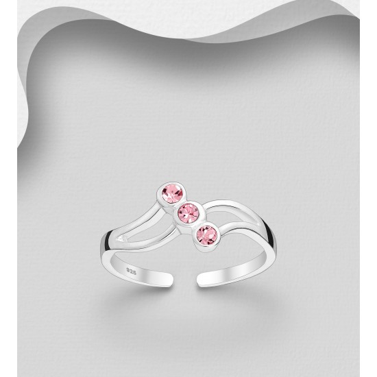 Bague d'orteil ajustable argent 925, ornée de cristaux de couleurs Rose clair