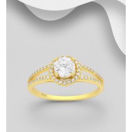 Bague halo argent 925 avec diamants simulés CZ, plaquée d'or jaune 18 carats de 1 micron
